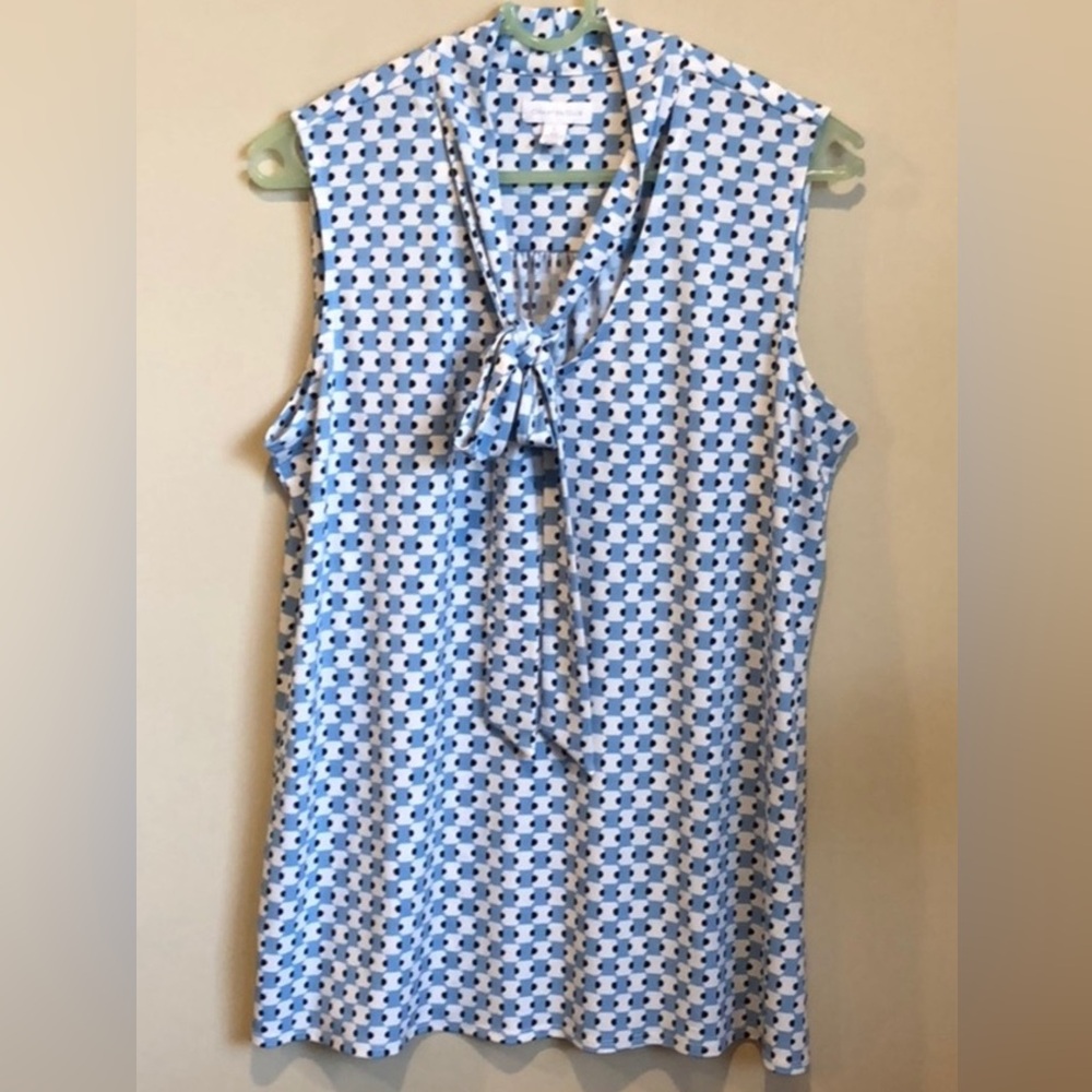 Charter Club Tie Neck Blue and White Print Blouse L
